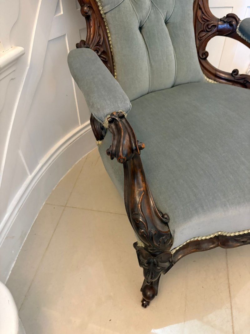 Outstanding Quality Pair of Antique Victorian Carved Walnut Ladies and Gentlemen’s Chairs - Image 9